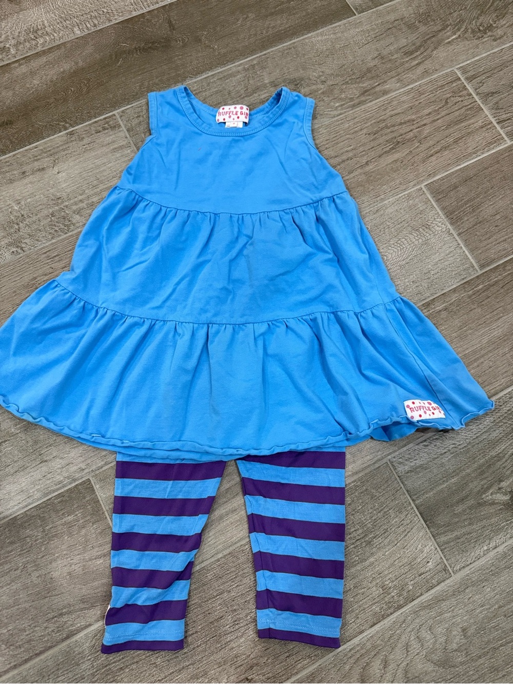 Ruffle Girl Matching Set - Blue Tiered Dress with Blue & Purple Striped Leggings